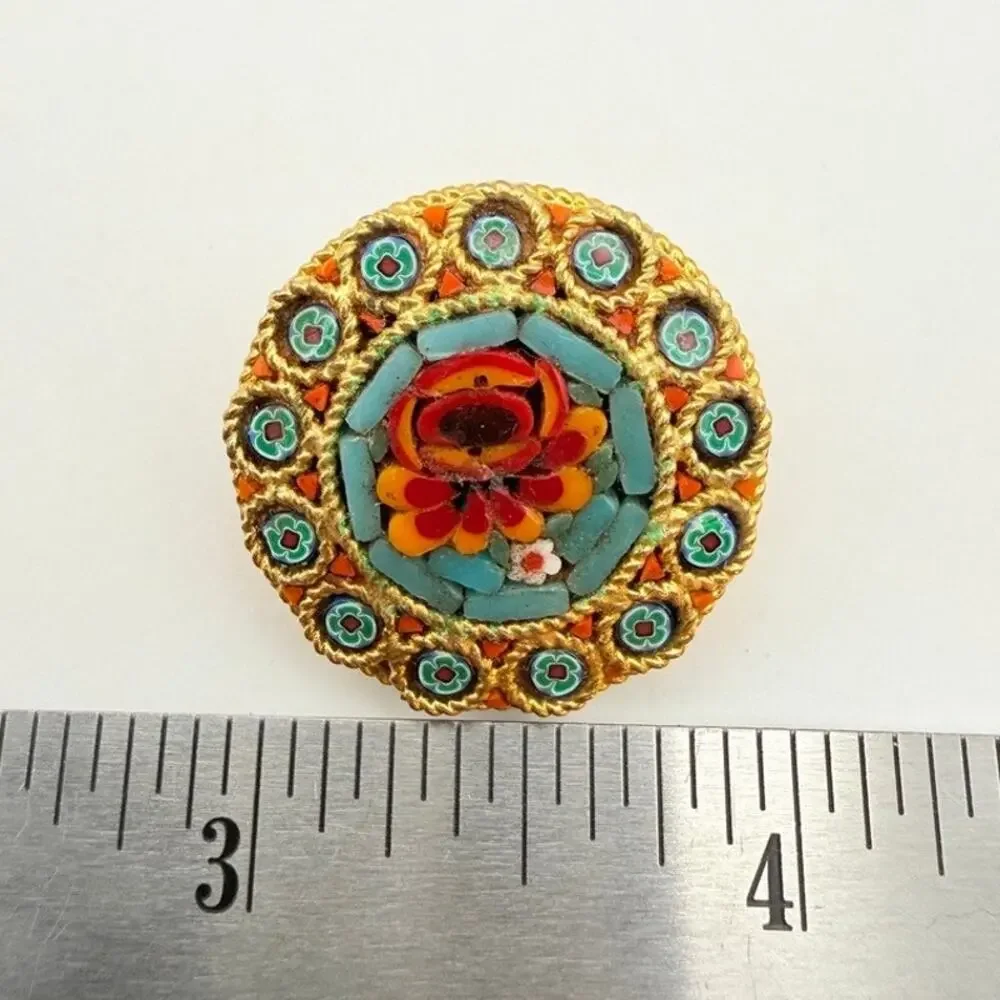 Vintage Micro Mosaic Brooch Pin Bouquet Red Yellow Roses Blue Tile Italy style